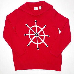 Villager Sport Liz Claiborne Vintage Nautical Boat Steering Wheel Sweater Red PL